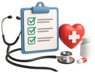 Medical symbols stethoscope clipboard with checkmarks red heart and medicine bottle on white background isolated on a transparent background