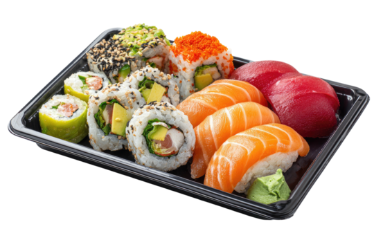 Sushi tray rolls, nigiri, diverse toppings, vibrant colors