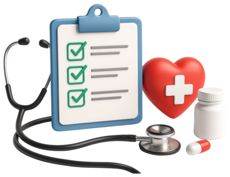 Medical symbols stethoscope clipboard with checkmarks red heart and medicine bottle on white background isolated on a transparent background