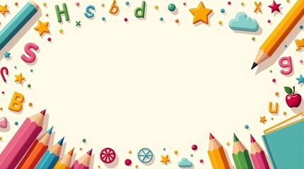 Colorful Kids Educational Background with Letters and Pencils. This image features a colorful children’s educational background.
