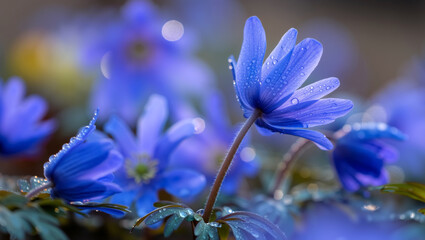 Blue flowers with dew drops in a lush garden, soft bokeh background after rain. Generative AI