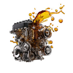 Oil pouring on complex engine; mechanical parts shown