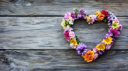 Fototapeta premium A colorful heart-shaped floral arrangement on a wooden surface.