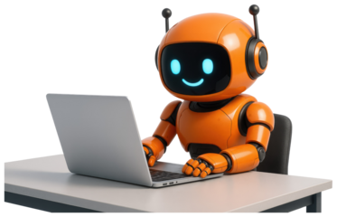 Orange robot typing on a laptop at a desk with a white background computer isolated on a transparent background
