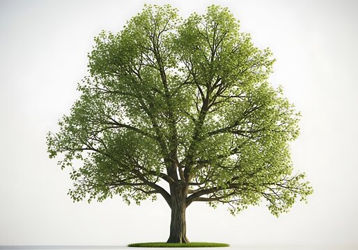 A majestic deciduous tree with lush green foliage stands tall against a white background