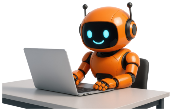 Orange robot typing on a laptop at a desk with a white background computer isolated on a transparent background
