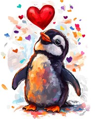 Baby Penguin with Heart Cute Wallpaper pastel baby penguin with heart wallpaper background Adorable Winter Animal Illustration Design Pastel Love Penguin Character Background
