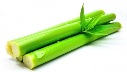 Close up of green bamboo shoots with leaves and water droplets on a white background surface