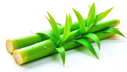 A close up of two bamboo stalks with green leaves on a white background in a studio setting view