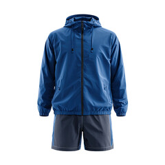 Blue hooded windbreaker jacket with grey shorts