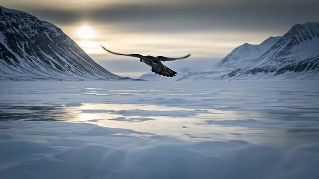 Arctic peregrine falcon takes flight across frozen tundra with glacial backdrop