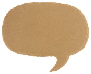 Oval shaped brown cardboard speech bubble with torn edges talk dialogue isolated on a transparent background