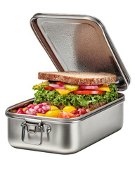 Open steel lunchbox with sandwich and fruit