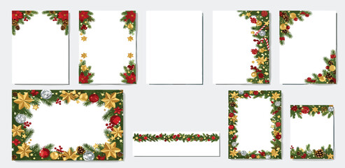A versatile set of Christmas and holiday frames, borders, and banners decorated with festive fir branches, poinsettias, and ornaments