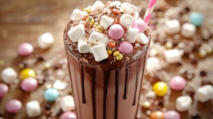 A colorful, festive hot chocolate drink with marshmallows and sprinkles on a wooden table with scattered candies.