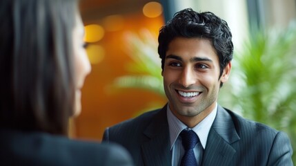 A man and a woman in a business setting, engaged in a conversation.