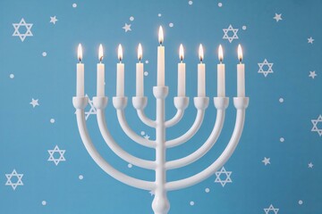 Nine white candles lit on a menorah against a blue background with Star of David patterns, symbolizing the Jewish festival of Hanukkah.