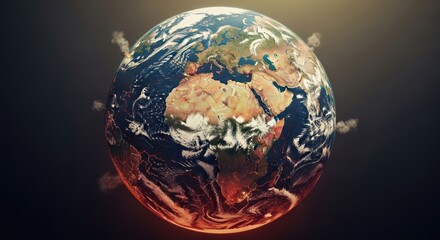 A globe with clouds and continents, representing the Earth. The concept of global climate change and environmental issues.