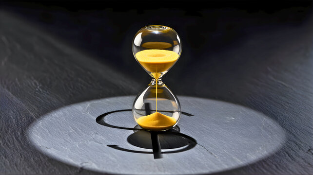 A classic hourglass with golden sand, its shadow cleverly forming a dollar sign, illustrating the financial proverb time is money