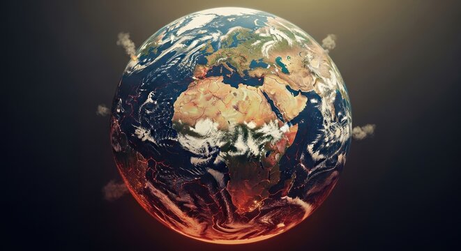 A globe with clouds and continents, representing the Earth. The concept of global climate change and environmental issues.