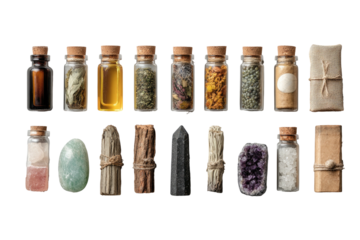 Jars, crystals, & bundles potion making on dark background