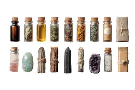 Jars, crystals, & bundles potion making on dark background