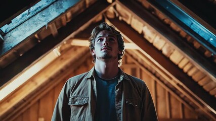 Young man looking up in an attic, thoughtful and contemplative mood. - Powered by Adobe