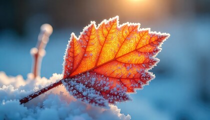 A single red leaf covered in frost lying on a bed of snow in the winter sunlight close up view