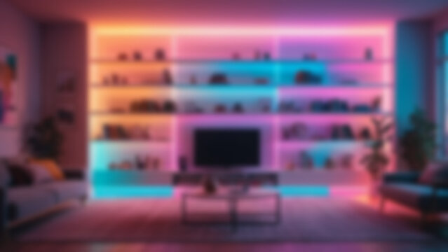 Blurred background of Modern living room explosion of colors, gradient shelves and multicolor LED strips, minimalist cityscape background, evening, neon lighting.