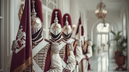 Obraz premium A line of ceremonial guards in ornate uniforms stands in a grand hallway, showcasing elegance and tradition in a historical setting.