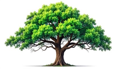 Illustration of a large tree with green leaves and a thick trunk isolated on white background