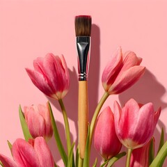 Paintbrush with Tulip Flowers on Pink Background