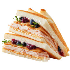 Stacked sandwich turkey, jam, nut butter, & blueberries