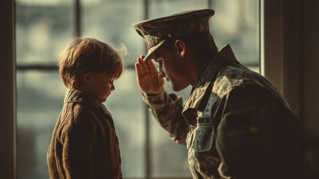 A touching moment between a soldier and a child, showcasing respect and connection in a heartfelt salute.