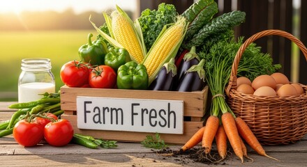 A wooden crate filled with fresh vegetables, including carrots, tomatoes, and green beans, with a sign that reads 'Farm Fresh' and a basket of eggs on a wooden table.