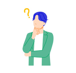 オフィスカジュアルな服装のビジネスマンが疑問に思っているイラスト。フラットデザイン