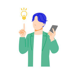 オフィスカジュアルな服装のビジネスマンがスマホを使用し解決しているイラスト。フラットデザイン