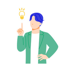 オフィスカジュアルな服装のビジネスマンが解決策を思いつきポジティブなイラスト。フラットデザイン
