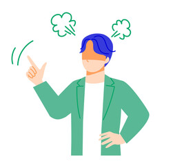 オフィスカジュアルな服装のビジネスマンが怒っている表情のイラスト。フラットデザイン