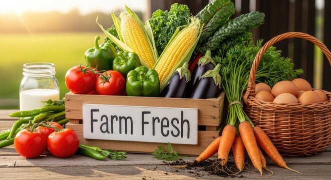 A wooden crate filled with fresh vegetables, including carrots, tomatoes, and green beans, with a sign that reads 'Farm Fresh' and a basket of eggs on a wooden table.