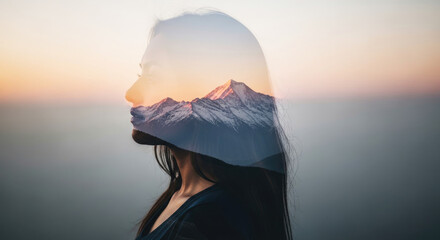 A woman's silhouette with a mountain landscape superimposed on her face.