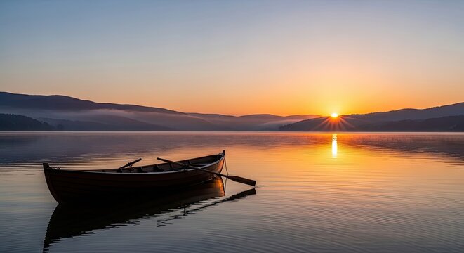 A serene lake at sunset with a wooden rowboat and a mountain range in the background.