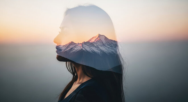 A woman's silhouette with a mountain landscape superimposed on her face.