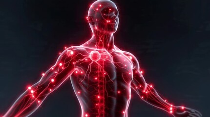 Dynamic animation of human body's vascular system pulsating with red light, perfect for medical education, science research, or innovative healthcare solutions - Powered by Adobe