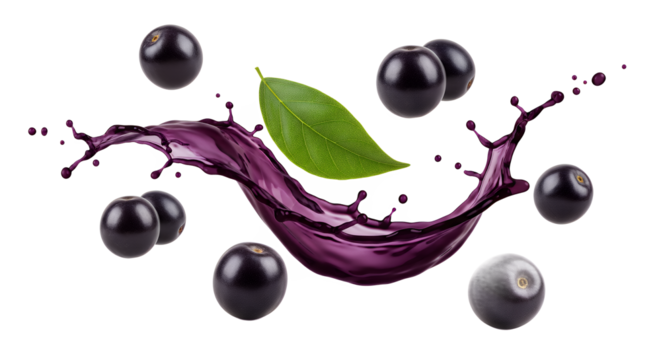 Juicy blueberries with a splash of vibrant purple liquid and a fresh green leaf, capturing the essence of healthy fruit and refreshing beverages