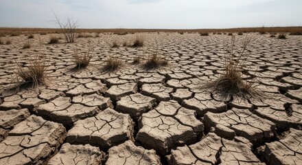 dry cracked earth with dry bushes  noon time view