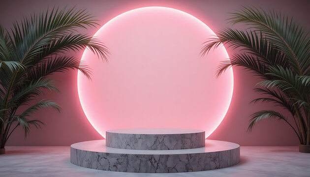 Modern pedestal display with pink neon circle and palms