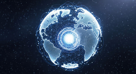 A glowing blue and white Earth globe with a glowing ring in the center, surrounded by a network of interconnected dots and lines, against a dark blue background with a few stars.