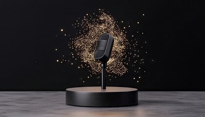 A classic black microphone stands on a circular podium, illuminated by a cloud of golden, sparkling lights against a dark backdrop.
