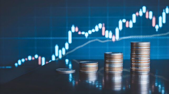 Conceptual image of business finance and investment, featuring growing stacks of coins against a digital stock market chart showing a bullish trend